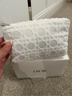 Dior White Textured Embroidered Logo Pouch